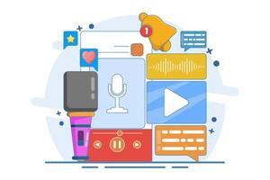 Podcast content concept. Podcasting app, radio advertising, broadcasting station, streaming, online event, blog, media marketing, digital recording. Flat illustration on background. vector