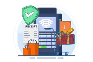 Concept of terminal for contactless and wireless payment of goods, POS terminal confirming payment by debit card, Invoice, Shopping concept, Payment machine, Payment card. Flat illustration. vector