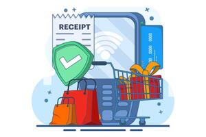 Concept of terminal for contactless and wireless payment of goods, POS terminal confirming payment by debit card, Invoice, Shopping concept, Payment machine, Payment card. Flat illustration. vector