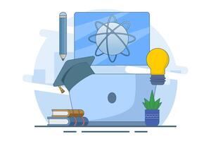 Online education concept. e-learning, internet courses, applied learning, university studies, classroom, tutorials, library on computer. Flat illustration on background. vector