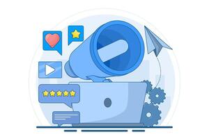 Social network promotion concept. Social media marketing, digital promotion campaign, web analytics, SMM strategy, chatbot, broadcast, stories. Like comment share give. Flat illustration. vector