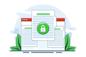 concept of secure confidential online document access on laptop computer or internet web privacy protection on text file flat icon, private secret website data lock modern symbol. illustration. vector
