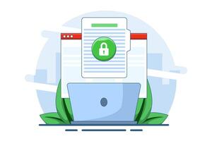 concept of secure confidential online document access on laptop computer or internet web privacy protection on text file flat icon, private secret website data lock modern symbol. illustration. vector