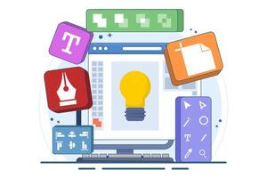 Graphic design software application concept on laptop or computer screen, flat illustration, template, design tools, symbols, icons and elements on screen, creator at work, graphic designer. vector