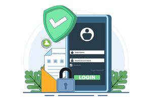 Two-step verification concept, OTP, Authentication password, One-time password for secure website account login, Login page on device screen. Flat illustration on background. vector