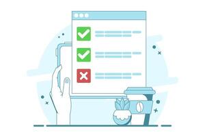 Computer concept with checklist. computer with check mark and cross. Online testing. Checklist and Check Mark on Screen. Check Mark and Options in Browser Window, Flat illustration. vector