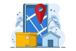Global logistics concept, fast and accurate cargo delivery. Online delivery courier service or mobile application concept for tracking shipments on a smartphone with ready-made packaging. Illustration vector