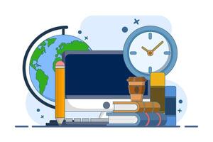 back to work concept, back to work after break or leave. with bag and books, office, businessman, education, banner template, web, landing page. flat illustration. vector