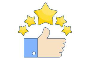 Customer review concept with five stars. Customer review rating with 5 stars and thumbs up. Flat illustration with icons on the background. vector