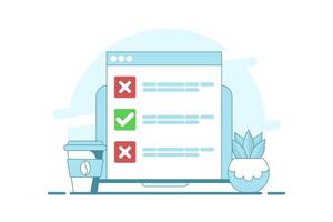 Checklist concept. Online testing. Checklist and Checkmarks on Screen. Computer with checkmarks and crosses. Checkmarks and Options in Browser Window. vector