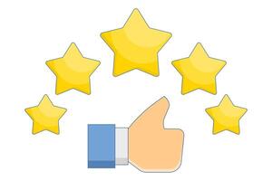 Customer review concept with five stars. Customer review rating with 5 stars and thumbs up. Flat illustration with icons on the background. vector