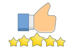 Customer review concept with five stars. Customer review rating with 5 stars and thumbs up. Flat illustration with icons on the background. vector