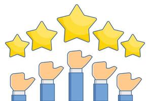 Customer review concept with five stars. Customer review rating with 5 stars and thumbs up. Flat illustration with icons on the background. vector
