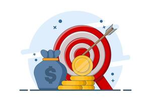 Financial Target Concept, Dart Target with Money Bag and Coin Stack. Dart Board with Darts and Money Bag. Business or Financial Target. Targeting Audience. Achievement and Success. Illustration. vector