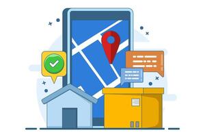 Global logistics concept, fast and accurate cargo delivery. Online delivery courier service, mobile application for tracking shipments on the device. Flat illustration on the background. vector