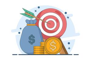 Financial Target Concept, Business or Financial Target. Dart Board with Darts and Money Bag. Targeting Audience. Achievement and Success. Dart Target with Money Bag and Stack of Coins. vector