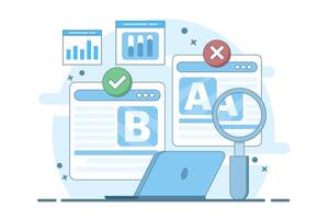 A and B testing concept, AB testing of website landing pages, AB testing of social media ads, AB testing analysis. vector