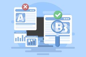 The concept of testing website A and website B, AB testing on website landing pages, AB testing on social media ads, AB testing analysis. vector