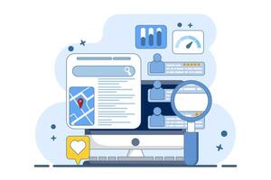 SEO map optimization concept for business location, Business appears in search engine results page with location and customer rating, Business listing in search engine. flat illustration. vector