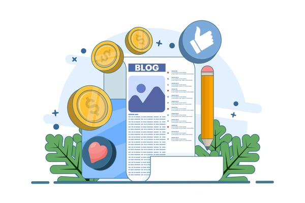 Blog article creation concept, content creation, blog monetization, make money online. Freelance web article writing, flat illustration on background.