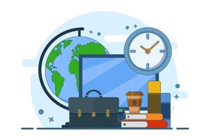 back to work concept, bag and books, office, businessman, education, back to work after break or leave. banner template, web, landing page. flat illustration on background. vector