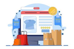 E-commerce website platform concept, Browse shopping from e-commerce website, Digital marketplace, Secure payment, Customer product rating, flat illustration on background. vector
