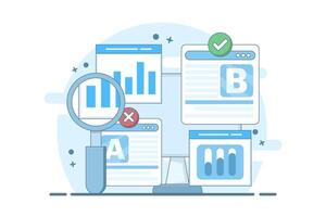 Concept of testing website A and website B, AB testing on website landing page, AB testing on social media ads, AB testing analysis. flat illustration on background. vector