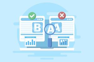 A and B testing concept, AB Testing landing page Website, AB Testing social media ads, AB testing analysis. flat illustration on background. vector
