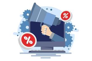 The concept of using a loudspeaker to communicate with customers about discounts and sales. Social media promotion and advertising concept. Flat illustration on the background. vector