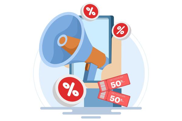 Social media promotion and advertising concept. use of loudspeakers to communicate with customers about discounts and sales. Flat illustration on the background.