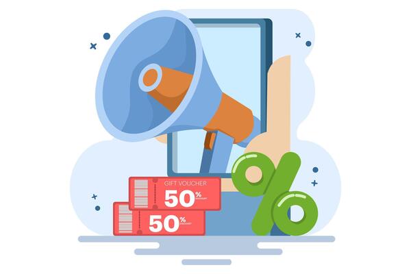 The concept of using loudspeakers to communicate with customers about discounts and sales. Social media promotions and advertising. Flat illustration.