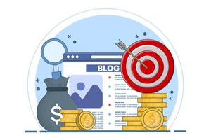 Blog article creation concept, content creation, blog monetization, make money online. Freelance web article writing, can be used for banners, landing pages, apps, infographics. vector