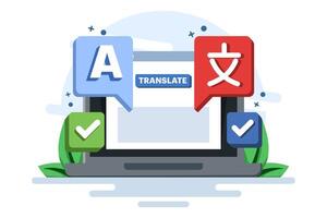 Multi language translation concept, Translate languages, Online translator mobile app on device, perform language translation. flat illustration. vector