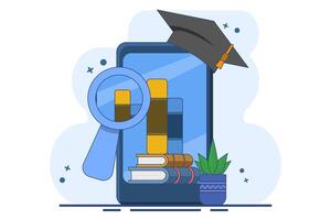 Concept of e-learning, Online education, digital library, e-book, classroom, online course tutorials and apps, university studies and back to school. Flat illustration. vector