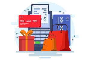 Contactless payment technology concept, Wireless mobile payment with debit card, Invoice, Shopping concept, Payment machine, Debit payment card. Flat illustration on background. vector