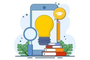E-learning concept, Online education, digital library, e-book, classroom, online course tutorials and apps, university studies and back to school. Flat illustration on background. vector