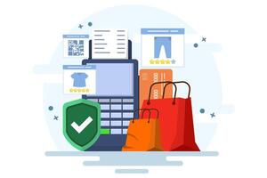 Contactless payment concept, Wireless mobile payment with debit card, Invoice, Shopping concept, Payment machine, debit card. Flat illustration on background. vector