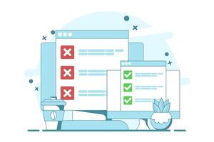 Computer concept with checklist. Online testing. Checklist and Checkmark on Screen. Computer with check mark and cross. Checkmark and Options in Browser Window, Flat illustration. vector