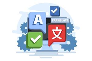 Translation concept, Translate language, Online translator mobile app on device, perform language translation. Flat illustration template on background. vector