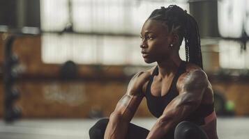 A woman with a toned physique sits in a gym, likely after completing a challenging workout. photo