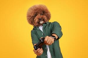 A person stands with a playful expression, holding a gaming controller while wearing a realistic dog head mask. The vibrant yellow background enhances the joyful atmosphere photo