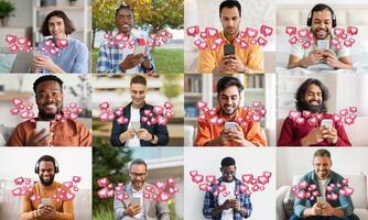 The image shows a collage of twelve diverse men using smartphones while being surrounded by animated hearts representing social media likes. The men are smiling and appear happy photo