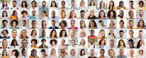 This diverse collage offers a snapshot of the world, displaying cheerful multiethnic faces, symbolizing unity and joy photo