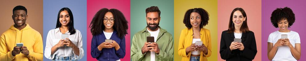 A lively group of young adults, smiling and using smartphones, showcases a diverse array of expressions and fashion against colorful backgrounds, reflecting connectivity and engagement. photo