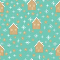 Christmas pattern for wrapping paper and cards. Design with gingerbread house and Snowflakes. vector