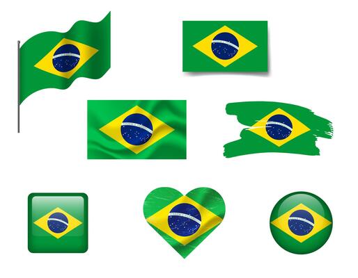 Brazil flag set of icons. flag of Brazil, symbol. Set of Brazilian flags button, brush, waved, heart.