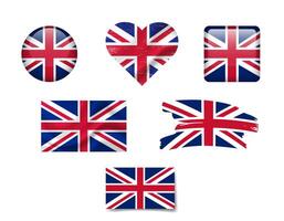 The United Kingdom flag set of icons. flag of UK, symbol. Set of british flags button, brush, waved, heart. vector