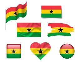 Ghana flag set of icons. flag of Ghana, symbol. Set of Ghana flags button, brush, waved, heart. vector