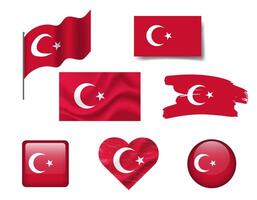 Turkey flag set of icons. flag of Turkey, symbol. Set of Turkish flags button, brush, waved, heart. vector