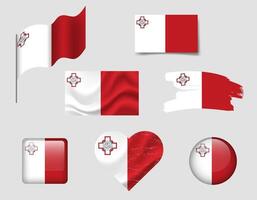 Malta flag set of icons. flag of Malta, symbol. Set of Maltese flags button, brush, waved, heart. vector